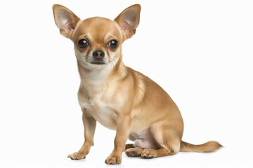 Obraz premium Chihuahua sitting attentively on white, tiny stature highlighted against minimalist background, looking petite and alert. 