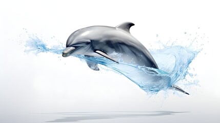Playful dolphin leaping through crystal-clear waters, set against a pure white canvas