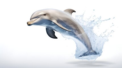Obraz premium Playful dolphin leaping through the air, set against a seamless white canvas,
