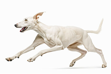 White Greyhound in full sprint, elegant and swift, capturing the essence of speed and grace on a clean white background.
