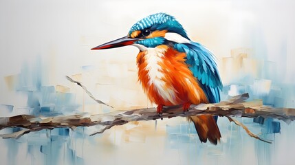 Proud kingfisher perched on a branch, set against a pure white canvas,