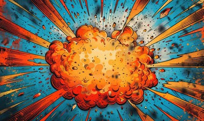 Colorful comic book style explosion with a blue background.