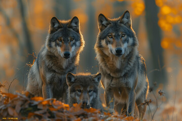 Pack of wolves in autumn forest, sharp focus on their intense gazes, golden foliage enhancing the wild atmosphere.
