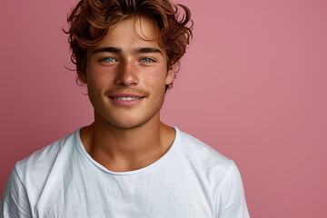 Close up of young man in white t-shirt against pink blank background, minimalist simple portrait