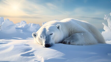 Fototapeta premium Sleeping polar bear on an icy tundra