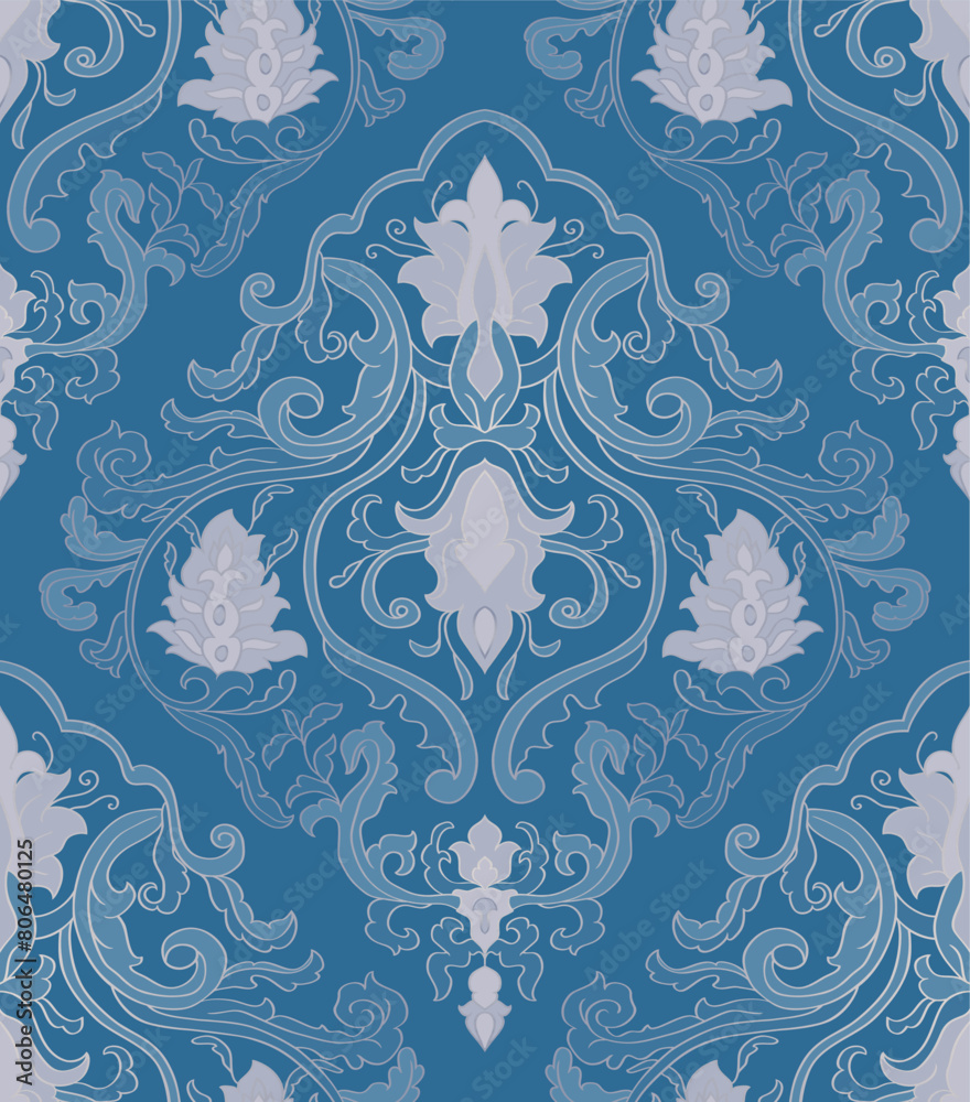 Wall mural Seamless pattern with ornamental flowers. Blue floral damask ornament. Background for wallpaper, textile, carpet and any surface. 