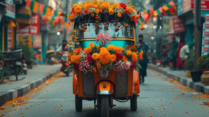 Naklejka premium Auto-rickshaw decorated with Indian flags and floral garlands, bustling city background, celebratory mood, street view,