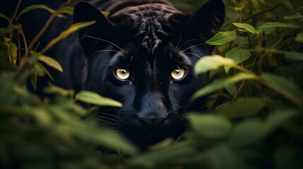Stealthy panther navigating through dense foliage,