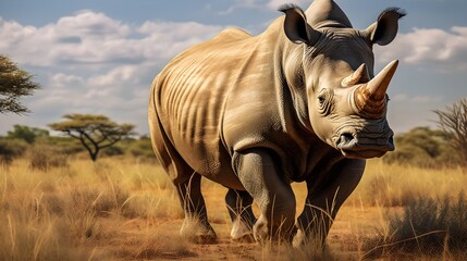 Fototapeta premium Stoic rhinoceros in a savannah landscape