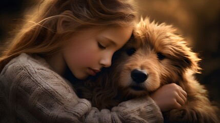 Tender embrace as a person kneels to cuddle a puppy,