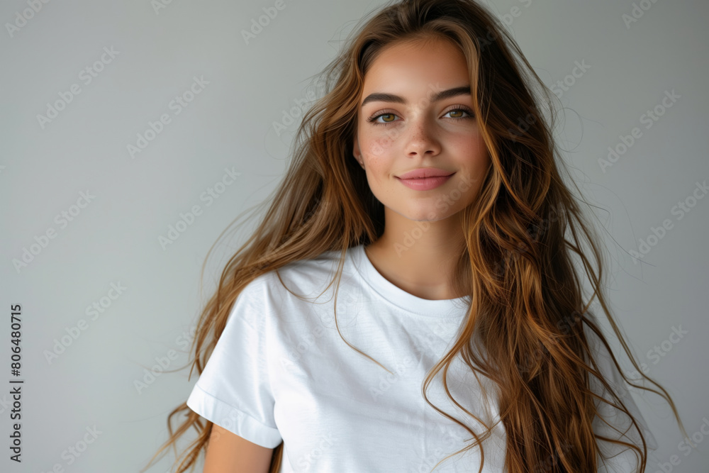 Wall mural caucasian woman with long hair in white t-shirt against light grey plain background