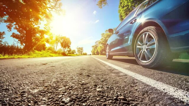 car on asphalt road on summer day at park automobile. seamless looping overlay 4k virtual video animation background