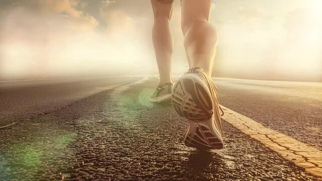 athlete runner feet running on road. seamless looping overlay 4k virtual video animation background