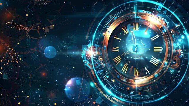 digital abstract futuristic technology background with clock. seamless looping overlay 4k virtual video animation background