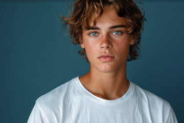 Young man with blue eyes in white t-shirt against blue plain wall, with copy space for marketing