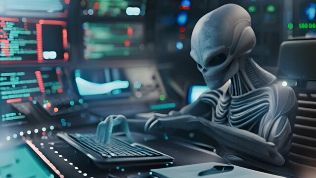 Alien Operating Advanced Control Panel in Spaceship with Ai generated.
