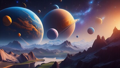 Space background with planets. Panoramic view of the planets. 3d illustration