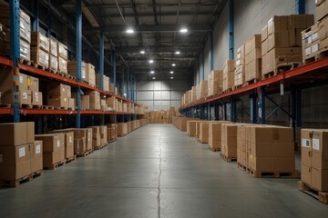 Logistics distribution center, retail warehouse with goods in boxes