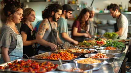 A group of people are preparing food in a commercial kitchen. They are chopping vegetables, mixing ingredients, and cooking.