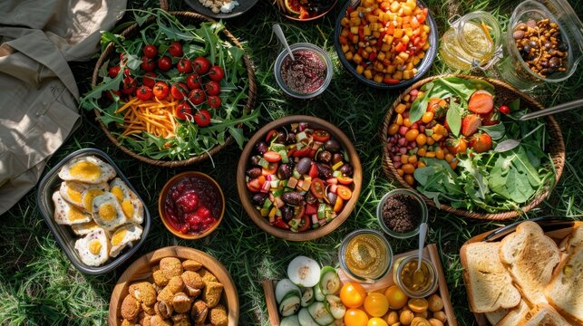 A delicious and healthy picnic spread with fresh fruits, vegetables, and salads. Perfect for a summer day!