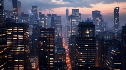 Cityscape at Dusk, stunning cityscape at dusk, with illuminated skyscrapers and office buildings in the background
