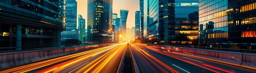 Fototapeta premium Cityscape at Dusk, stunning cityscape at dusk, with illuminated skyscrapers and office buildings in the background