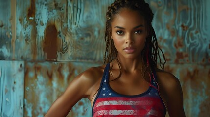 Fototapeta premium African-American female wearing an American flag themed tank top - barnwood background - portrait shot 