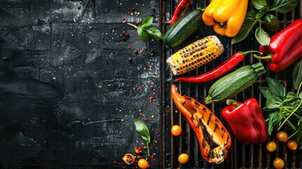 A variety of colorful bell peppers and chili peppers are sizzling on the grill, ready to be used as...