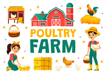 Poultry Farm Vector Illustration with Chickens, Roosters, Straw, Cage and Egg on Scenery of Green Field in Flat Cartoon Background Design