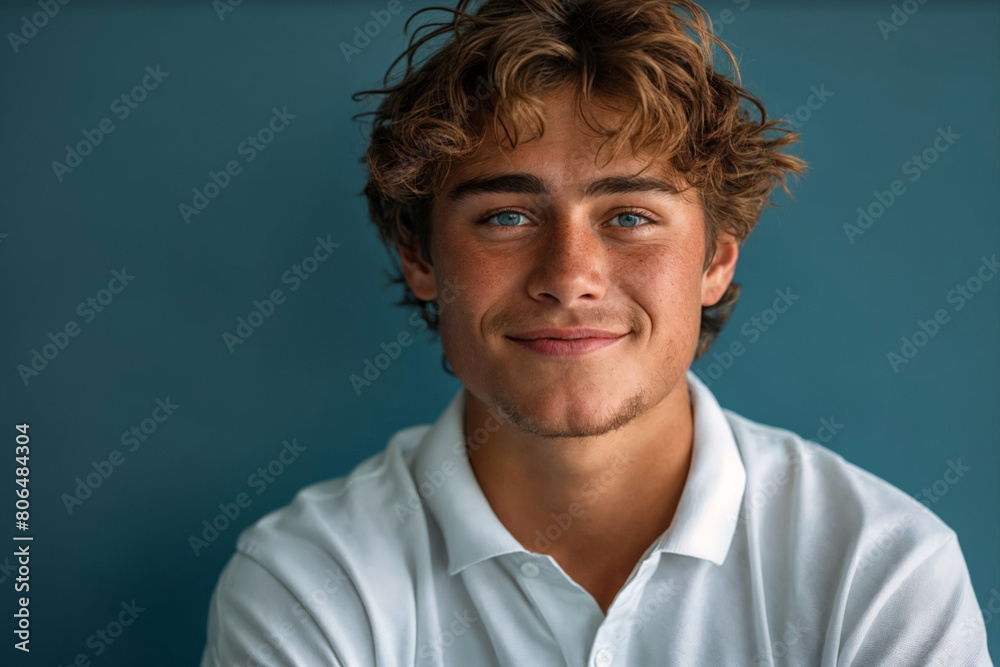 Sticker close-up of young man wearing white shirt against blue blank background, portrait with copy space