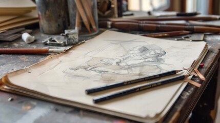 A wellworn sketchbook filled with delicate pencil drawings and charcoal sketches showcasing the versatility of highend drawing supplies.