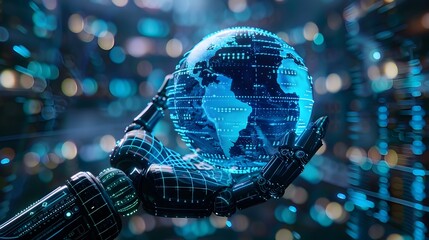 Transforming Holographic Globe in Robotic Hands with data Background