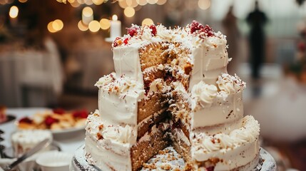A large wedding cake with a big piece missing from the top