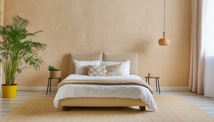 Minimalist interior design of modern bedroom with beige stucco wall.