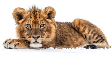A young lion lying in the snow, isolated, white background, looking in the camera, king, power, wildlife, lion cub