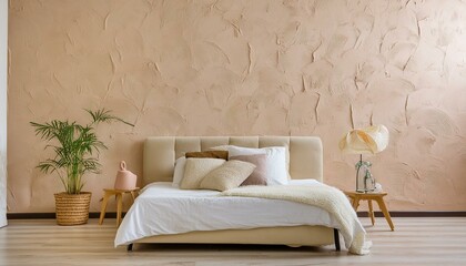 Minimalist interior design of modern bedroom with beige stucco wall.