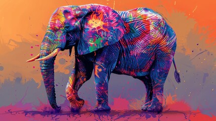 Infuse the essence of tie-dye patterns into a meticulously detailed digital illustration of an elephant at a dynamic tilted angle view, creating a modern and psychedelic flair