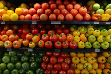 Colorful Tomatoes on Grocery Store Shelves