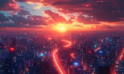 A beautiful sunset over a futuristic city