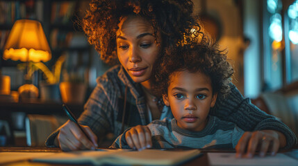 a single mother helping her son with homework at their dining table, single parenting