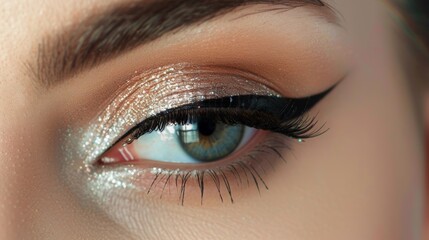 Obraz premium A close up of a gl eye enhanced with perfectly applied winged eyeliner and rich pigmented eyeshadow.