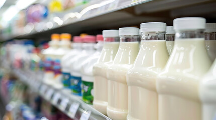 Variety of milk bottles on grocery shelf