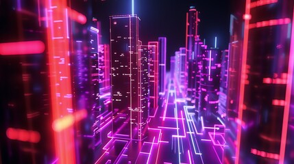 Obraz premium neon abstract background with cyber city shapes in virtual reality