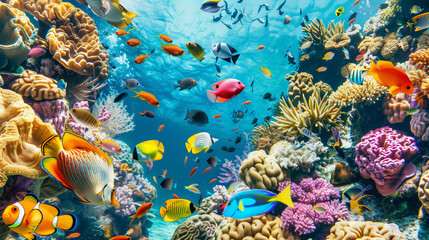  School of colorful fish swimming around vibrant coral 