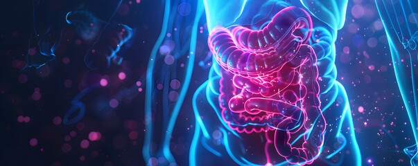 Illuminated Human Digestive System in Dark Background