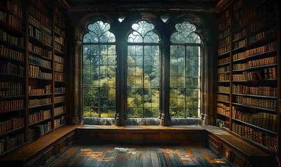 A dark academia library with a large window looking out into a rainy forest. The library is full of old books and wooden furniture.