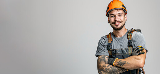 A Caucasian male construction worker, donned in uniform and helmet, smiles against a white isolated background.