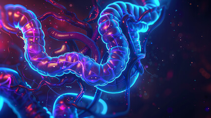 A medical 3D illustration of the human gastrointestinal tract with small and large intestines under neon blue illumination, against a dark background - obrazy, fototapety, plakaty