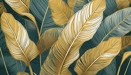 Tropical leaf Wallpaper, Luxury nature leaves pattern design, Golden banana leaf line arts, Hand drawn outline