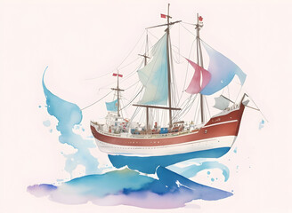 Modern art oil paintings with boat, sail on sea. Abstract contemporary art for background